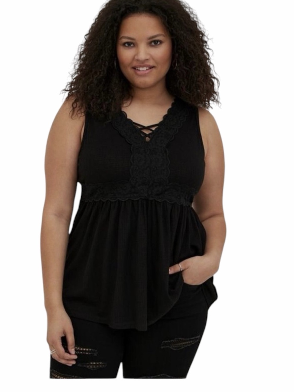 Torrid Black Lace-Trim Sleeveless Peplum Tank